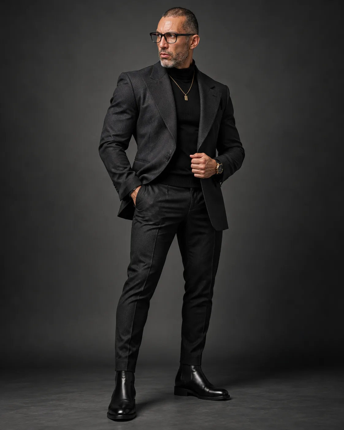 José Pérez con traje negro y gafas, de pie sobre fondo oscuro